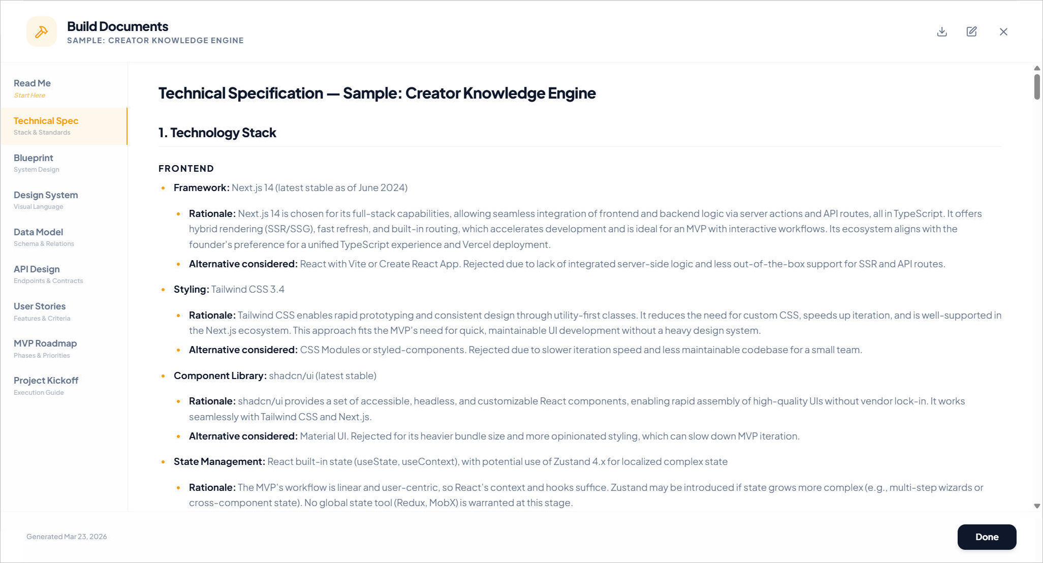 The Build Documents screen showing the technical specification for a sample project.