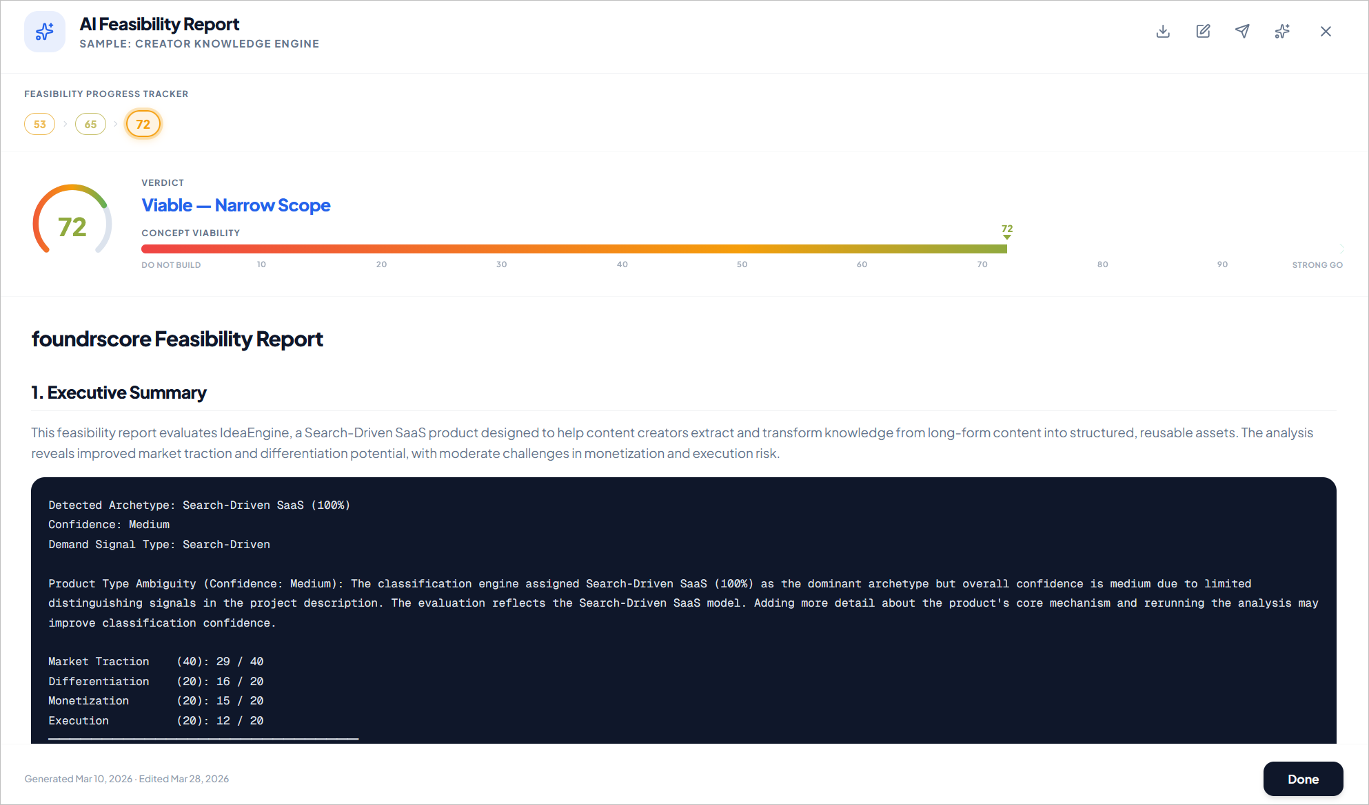 AI feasibility report showing viability score, progress tracker, and executive summary with market and product analysis.
