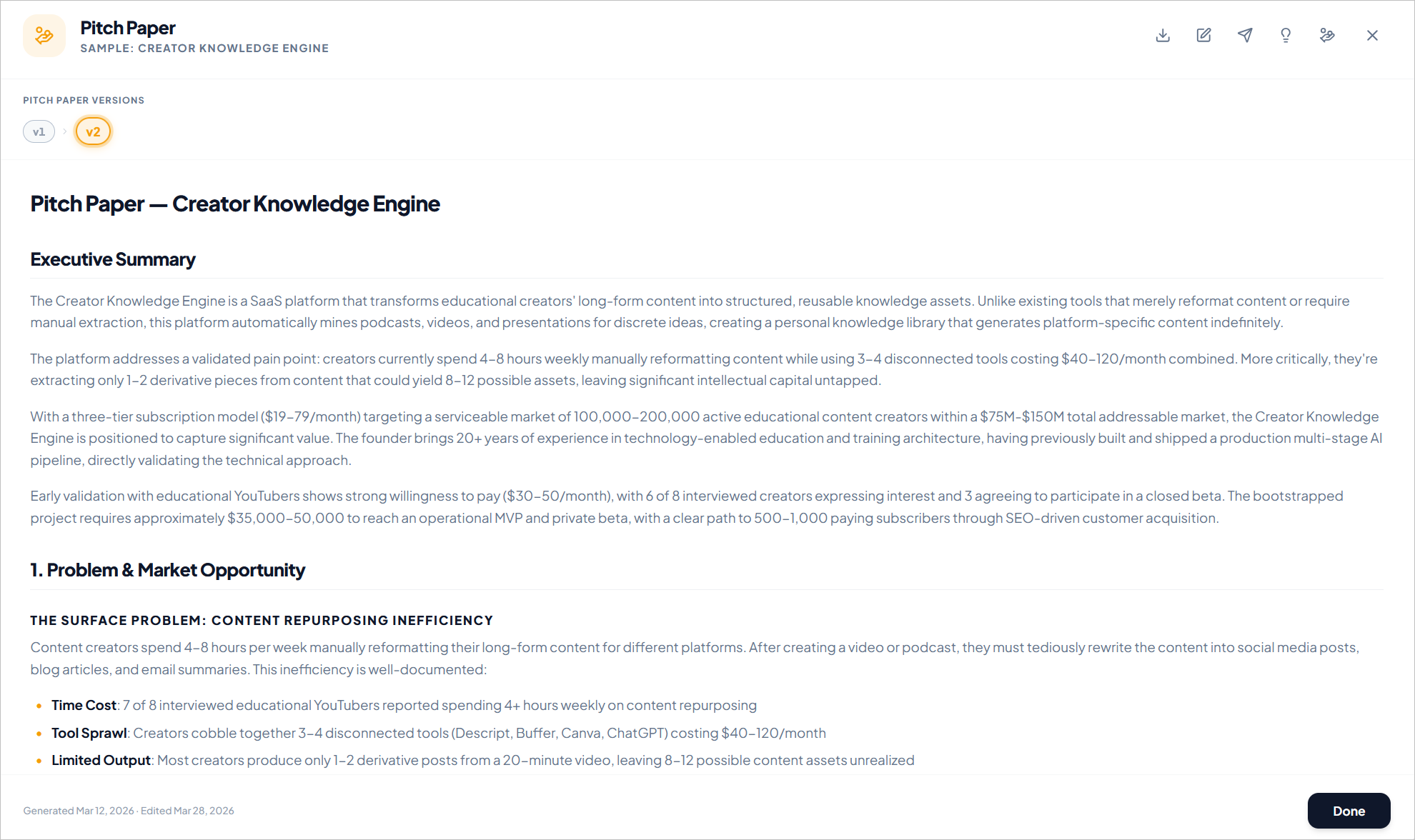 Pitch paper page showing executive summary, market opportunity, and problem statement for a sample project.